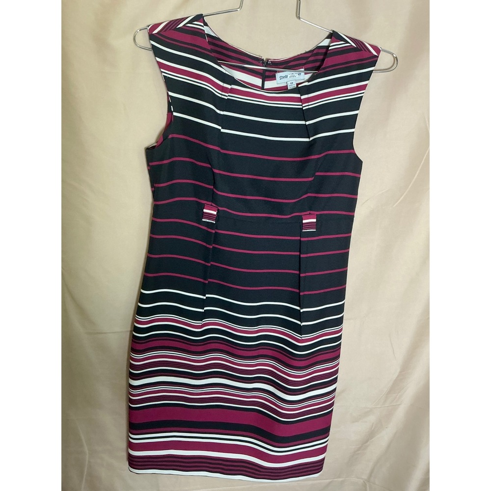 Shelby Palmer Sheath Dress Womens 12 Black Burgundy Striped Sleeveless Excellent - Picture 4 of 15